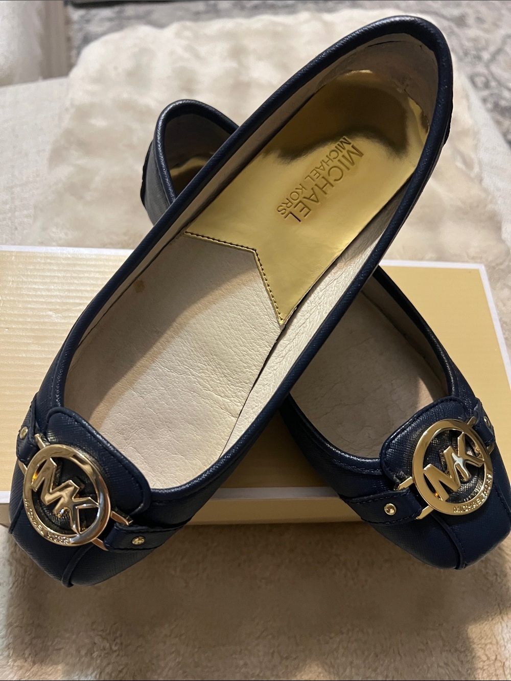 Michael Kors Navy Leather Logo Toe Flats with Gold Hardware